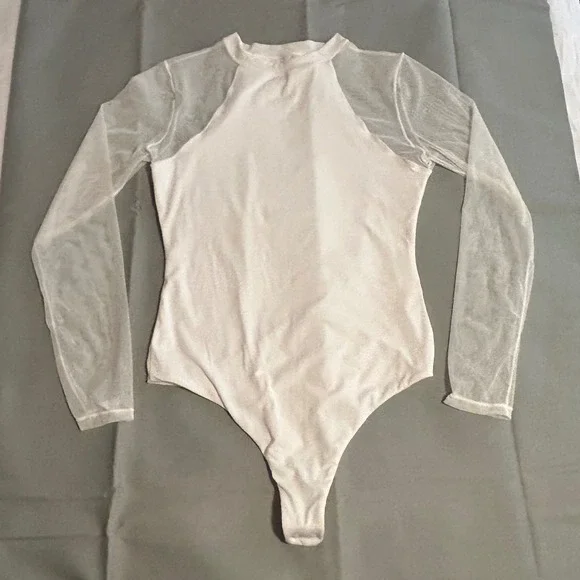 White Bodysuit Sheer Mesh Long Sleeve Mock Neck Top Womens size small - Picture 2 of 12
